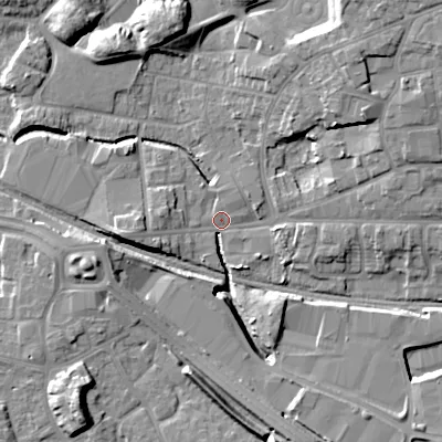 Shaded relief map of the ground around WV133EA, computed from Environment Agency LiDAR. The ground here sits at about 128 m above sea level and falls 13 m across the surrounding 800 m. Surface water reaching this point runs off ground lying to the north-north-west, 11.0 m higher.