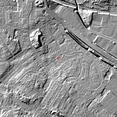Shaded relief map of the ground around WV133EF, computed from Environment Agency LiDAR. The ground here sits at about 130 m above sea level and falls 16 m across the surrounding 800 m. Surface water reaching this point runs off ground lying to the south-east, 3.0 m higher.