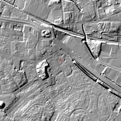 Shaded relief map of the ground around WV133EP, computed from Environment Agency LiDAR. The ground here sits at about 129 m above sea level and falls 16 m across the surrounding 800 m. Surface water reaching this point runs off ground lying to the west-south-west, 8.3 m higher.