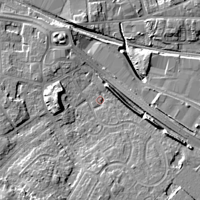 Shaded relief map of the ground around WV133ES, computed from Environment Agency LiDAR. The ground here sits at about 129 m above sea level and falls 15 m across the surrounding 800 m. Surface water reaching this point runs off ground lying to the east-south-east, 7.6 m higher.