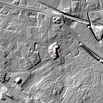 Shaded relief map of the ground around WV133EY, computed from Environment Agency LiDAR. The ground here sits at about 134 m above sea level and falls 16 m across the surrounding 800 m. Surface water reaching this point runs off ground lying to the east-north-east, 6.0 m higher.