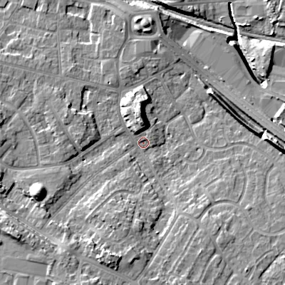 Shaded relief map of the ground around WV133HB, computed from Environment Agency LiDAR. The ground here sits at about 129 m above sea level and falls 16 m across the surrounding 800 m. Surface water reaching this point runs off ground lying to the south-south-west, 10.0 m higher.