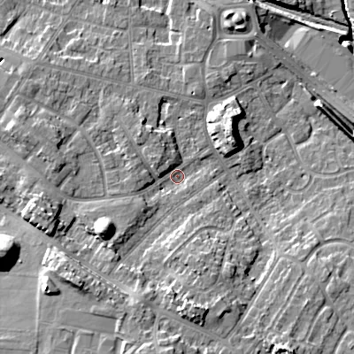 Shaded relief map of the ground around WV133JZ, computed from Environment Agency LiDAR. The ground here sits at about 130 m above sea level and falls 15 m across the surrounding 800 m. Surface water reaching this point runs off ground lying to the south-west, 5.8 m higher.