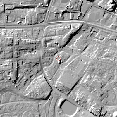 Shaded relief map of the ground around WV133QF, computed from Environment Agency LiDAR. The ground here sits at about 131 m above sea level and falls 13 m across the surrounding 800 m. Surface water reaching this point runs off ground lying to the south, 3.7 m higher.