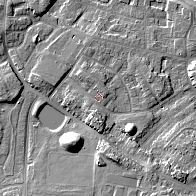 Shaded relief map of the ground around WV133TX, computed from Environment Agency LiDAR. The ground here sits at about 133 m above sea level and falls 12 m across the surrounding 800 m. Surface water reaching this point runs off ground lying to the south-south-west, 3.2 m higher.