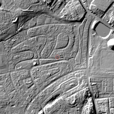 Shaded relief map of the ground around WV146DU, computed from Environment Agency LiDAR. The ground here sits at about 130 m above sea level and falls 10 m across the surrounding 800 m. Surface water reaching this point runs off ground lying to the east-north-east, 10.3 m higher.