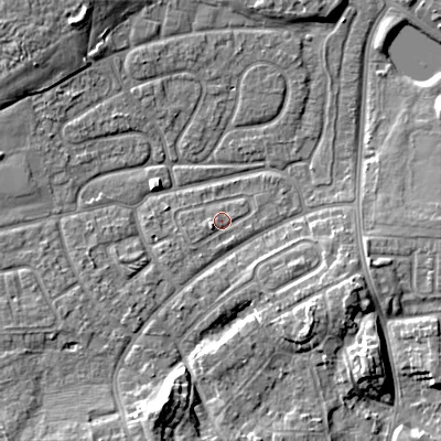 Shaded relief map of the ground around WV146DW, computed from Environment Agency LiDAR. The ground here sits at about 131 m above sea level and falls 10 m across the surrounding 800 m. Surface water reaching this point runs off ground lying to the west-south-west, 1.4 m higher.