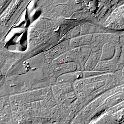 Shaded relief map of the ground around WV146DZ, computed from Environment Agency LiDAR. The ground here sits at about 132 m above sea level and falls 10 m across the surrounding 800 m. Surface water reaching this point runs off ground lying to the north-west, 4.3 m higher.