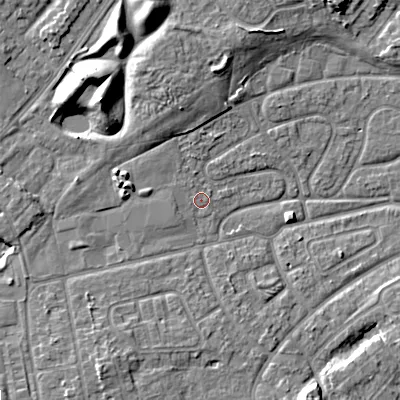 Shaded relief map of the ground around WV146EA, computed from Environment Agency LiDAR. The ground here sits at about 132 m above sea level and falls 10 m across the surrounding 800 m. Surface water reaching this point runs off ground lying to the west, 2.6 m higher.