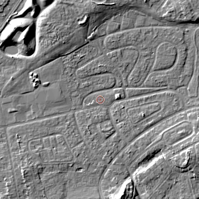 Shaded relief map of the ground around WV146ED, computed from Environment Agency LiDAR. The ground here sits at about 131 m above sea level and falls 10 m across the surrounding 800 m. Surface water reaching this point runs off ground lying to the south-south-west, 2.3 m higher.