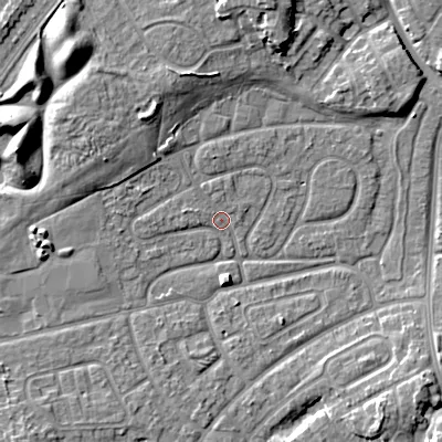 Shaded relief map of the ground around WV146HA, computed from Environment Agency LiDAR. The ground here sits at about 131 m above sea level and falls 11 m across the surrounding 800 m. Surface water reaching this point runs off ground lying to the west-north-west, 4.8 m higher.