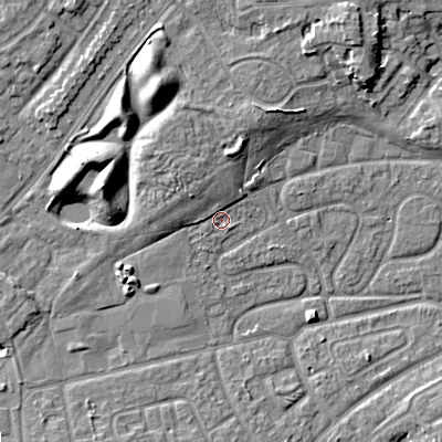 Shaded relief map of the ground around WV146HB, computed from Environment Agency LiDAR. The ground here sits at about 132 m above sea level and falls 10 m across the surrounding 800 m. Surface water reaching this point runs off ground lying to the north-west, 3.3 m higher.