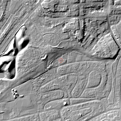Shaded relief map of the ground around WV146HE, computed from Environment Agency LiDAR. The ground here sits at about 132 m above sea level and falls 11 m across the surrounding 800 m. Surface water reaching this point runs off ground lying to the north-west, 4.2 m higher.