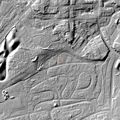 Shaded relief map of the ground around WV146HF, computed from Environment Agency LiDAR. The ground here sits at about 132 m above sea level and falls 11 m across the surrounding 800 m. Surface water reaching this point runs off ground lying to the north-west, 4.8 m higher.