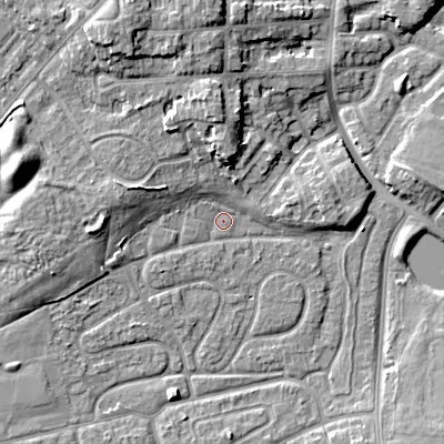 Shaded relief map of the ground around WV146HG, computed from Environment Agency LiDAR. The ground here sits at about 131 m above sea level and falls 11 m across the surrounding 800 m. Surface water reaching this point runs off ground lying to the north-west, 3.3 m higher.