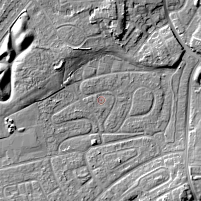 Shaded relief map of the ground around WV146HJ, computed from Environment Agency LiDAR. The ground here sits at about 131 m above sea level and falls 11 m across the surrounding 800 m. Surface water reaching this point runs off ground lying to the west-south-west, 0.8 m higher.