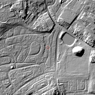 Shaded relief map of the ground around WV146HW, computed from Environment Agency LiDAR. The ground here sits at about 130 m above sea level and falls 10 m across the surrounding 800 m. Surface water reaching this point runs off ground lying to the east, 10.4 m higher.