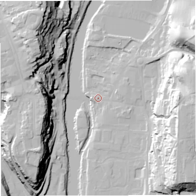 Shaded relief map of the ground around WV155AA, computed from Environment Agency LiDAR. The ground here sits at about 32 m above sea level and falls 48 m across the surrounding 800 m. Surface water reaching this point runs off ground lying to the east-north-east, 35.0 m higher.