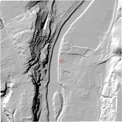 Shaded relief map of the ground around WV155AB, computed from Environment Agency LiDAR. The ground here sits at about 31 m above sea level and falls 48 m across the surrounding 800 m. Surface water reaching this point runs off ground lying to the west-north-west, 47.6 m higher.