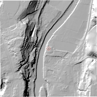 Shaded relief map of the ground around WV155AD, computed from Environment Agency LiDAR. The ground here sits at about 33 m above sea level and falls 48 m across the surrounding 800 m. Surface water reaching this point runs off ground lying to the east, 3.7 m higher.