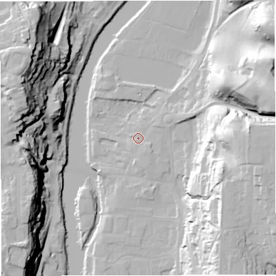 Shaded relief map of the ground around WV155AG, computed from Environment Agency LiDAR. The ground here sits at about 33 m above sea level and falls 48 m across the surrounding 800 m. Surface water reaching this point runs off ground lying to the south-east, 1.4 m higher.