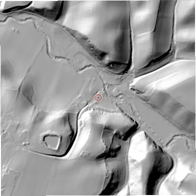 Shaded relief map of the ground around WV155JR, computed from Environment Agency LiDAR. The ground here sits at about 36 m above sea level and falls 48 m across the surrounding 800 m. Surface water reaching this point runs off ground lying to the south-west, 45.5 m higher.