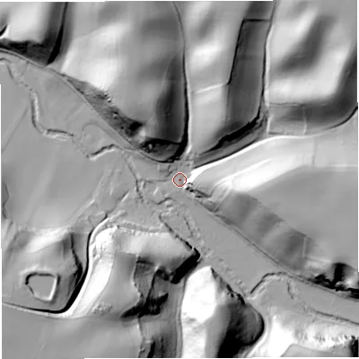 Shaded relief map of the ground around WV155JS, computed from Environment Agency LiDAR. The ground here sits at about 34 m above sea level and falls 45 m across the surrounding 800 m. Surface water reaching this point runs off ground lying to the north-east, 38.4 m higher.