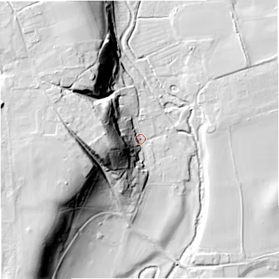 Shaded relief map of the ground around WV155LF, computed from Environment Agency LiDAR. The ground here sits at about 40 m above sea level and falls 34 m across the surrounding 800 m. Surface water reaching this point runs off ground lying to the west, 30.3 m higher.