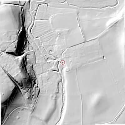 Shaded relief map of the ground around WV155LH, computed from Environment Agency LiDAR. The ground here sits at about 39 m above sea level and falls 33 m across the surrounding 800 m. Surface water reaching this point runs off ground lying to the west-north-west, 32.7 m higher.