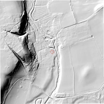 Shaded relief map of the ground around WV155LJ, computed from Environment Agency LiDAR. The ground here sits at about 39 m above sea level and falls 33 m across the surrounding 800 m. Surface water reaching this point runs off ground lying to the west, 32.7 m higher.