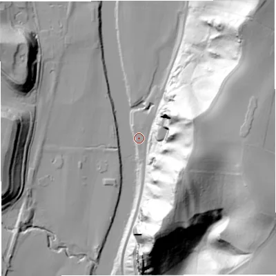 Shaded relief map of the ground around WV155NG, computed from Environment Agency LiDAR. The ground here sits at about 32 m above sea level and falls 84 m across the surrounding 800 m. Surface water reaching this point runs off ground lying to the south-east, 81.2 m higher.