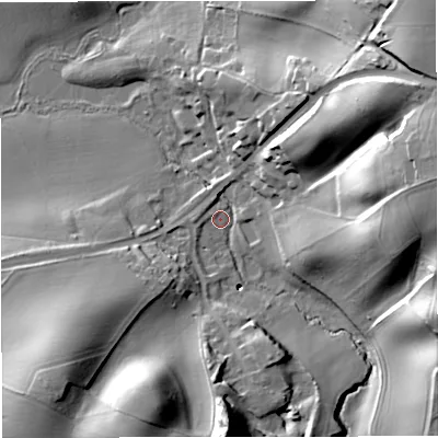 Shaded relief map of the ground around WV155PU, computed from Environment Agency LiDAR. The ground here sits at about 43 m above sea level and falls 43 m across the surrounding 800 m. Surface water reaching this point runs off ground lying to the south-south-west, 34.7 m higher.