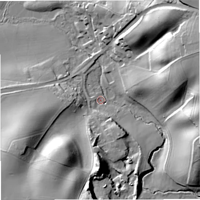 Shaded relief map of the ground around WV155PX, computed from Environment Agency LiDAR. The ground here sits at about 44 m above sea level and falls 41 m across the surrounding 800 m. Surface water reaching this point runs off ground lying to the south, 34.8 m higher.