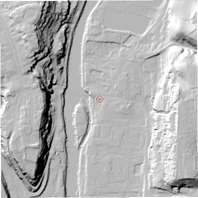 Shaded relief map of the ground around WV156AF, computed from Environment Agency LiDAR. The ground here sits at about 32 m above sea level and falls 48 m across the surrounding 800 m. Surface water reaching this point runs off ground lying to the east-north-east, 35.6 m higher.