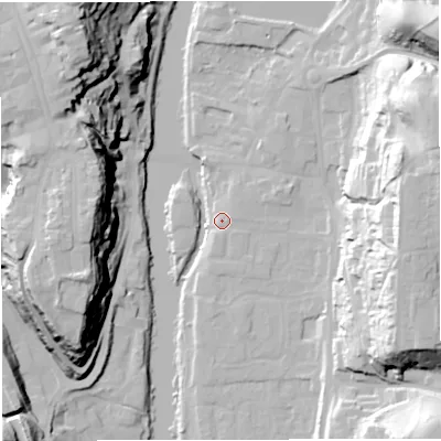 Shaded relief map of the ground around WV156BA, computed from Environment Agency LiDAR. The ground here sits at about 33 m above sea level and falls 48 m across the surrounding 800 m. Surface water reaching this point runs off ground lying to the east, 2.6 m higher.