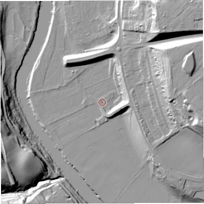 Shaded relief map of the ground around WV156BY, computed from Environment Agency LiDAR. The ground here sits at about 31 m above sea level and falls 38 m across the surrounding 800 m. Surface water reaching this point runs off ground lying to the east-north-east, 35.0 m higher.
