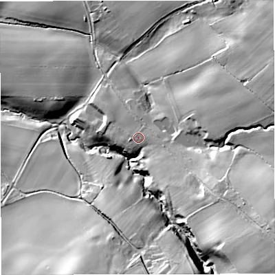 Shaded relief map of the ground around WV156EB, computed from Environment Agency LiDAR. The ground here sits at about 83 m above sea level and falls 44 m across the surrounding 800 m. Surface water reaching this point runs off ground lying to the south-east, 26.0 m higher.
