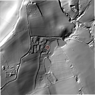 Shaded relief map of the ground around WV156EU, computed from Environment Agency LiDAR. The ground here sits at about 120 m above sea level and falls 50 m across the surrounding 800 m. Surface water reaching this point runs off ground lying to the south-west, 30.1 m higher.