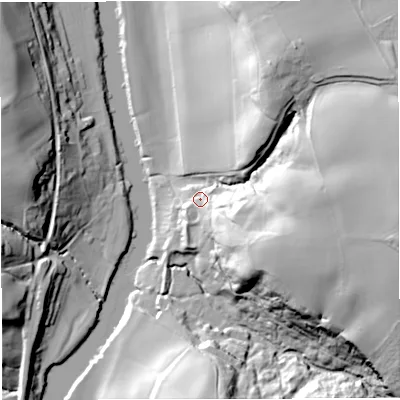 Shaded relief map of the ground around WV156HD, computed from Environment Agency LiDAR. The ground here sits at about 36 m above sea level and falls 52 m across the surrounding 800 m. Surface water reaching this point runs off ground lying to the south-east, 28.5 m higher.