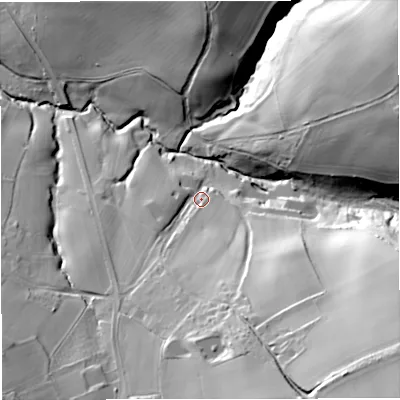 Shaded relief map of the ground around WV156HL, computed from Environment Agency LiDAR. The ground here sits at about 85 m above sea level and falls 58 m across the surrounding 800 m. Surface water reaching this point runs off ground lying to the south-east, 49.1 m higher.