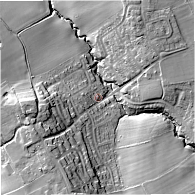 Shaded relief map of the ground around WV156PT, computed from Environment Agency LiDAR. The ground here sits at about 96 m above sea level and falls 36 m across the surrounding 800 m. Surface water reaching this point runs off ground lying to the west-south-west, 24.5 m higher.