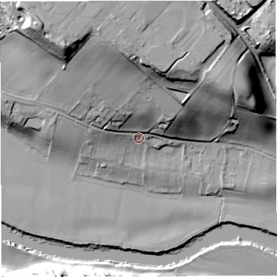 Shaded relief map of the ground around WV156QD, computed from Environment Agency LiDAR. The ground here sits at about 35 m above sea level and falls 40 m across the surrounding 800 m. Surface water reaching this point runs off ground lying to the north-north-west, 28.2 m higher.