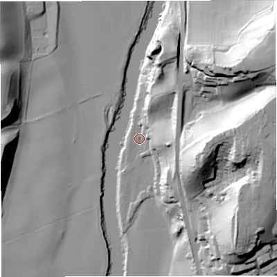 Shaded relief map of the ground around WV156QF, computed from Environment Agency LiDAR. The ground here sits at about 30 m above sea level and falls 52 m across the surrounding 800 m. Surface water reaching this point runs off ground lying to the east, 18.7 m higher.