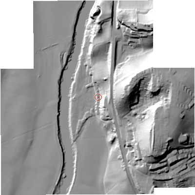 Shaded relief map of the ground around WV156QL, computed from Environment Agency LiDAR. The ground here sits at about 32 m above sea level and falls 50 m across the surrounding 800 m. Surface water reaching this point runs off ground lying to the east-north-east, 18.2 m higher.