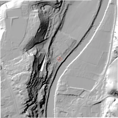 Shaded relief map of the ground around WV164AS, computed from Environment Agency LiDAR. The ground here sits at about 34 m above sea level and falls 48 m across the surrounding 800 m. Surface water reaching this point runs off ground lying to the west-south-west, 15.5 m higher.