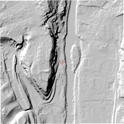 Shaded relief map of the ground around WV164BB, computed from Environment Agency LiDAR. The ground here sits at about 32 m above sea level and falls 48 m across the surrounding 800 m. Surface water reaching this point runs off ground lying to the west-south-west, 41.7 m higher.