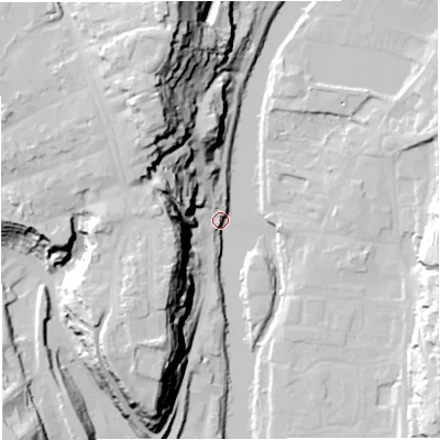 Shaded relief map of the ground around WV164BE, computed from Environment Agency LiDAR. The ground here sits at about 33 m above sea level and falls 48 m across the surrounding 800 m. Surface water reaching this point runs off ground lying to the south-south-west, 42.1 m higher.