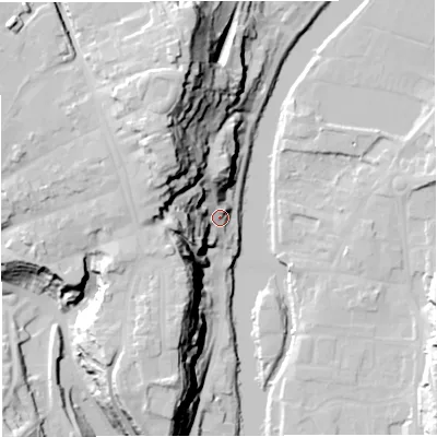 Shaded relief map of the ground around WV164BG, computed from Environment Agency LiDAR. The ground here sits at about 38 m above sea level and falls 48 m across the surrounding 800 m. Surface water reaching this point runs off ground lying to the north-west, 39.7 m higher.