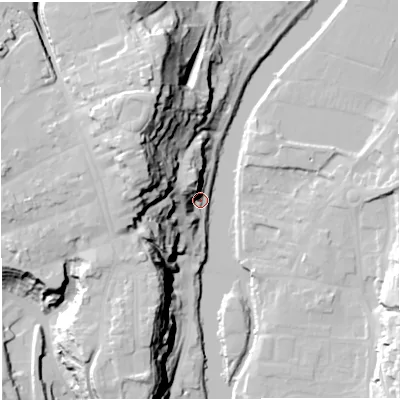 Shaded relief map of the ground around WV164BH, computed from Environment Agency LiDAR. The ground here sits at about 34 m above sea level and falls 48 m across the surrounding 800 m. Surface water reaching this point runs off ground lying to the west-north-west, 47.3 m higher.