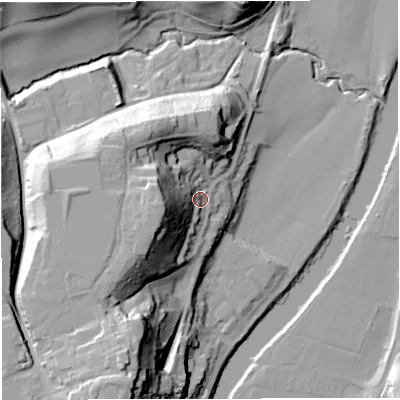 Shaded relief map of the ground around WV164SQ, computed from Environment Agency LiDAR. The ground here sits at about 43 m above sea level and falls 48 m across the surrounding 800 m. Surface water reaching this point runs off ground lying to the west, 27.4 m higher.
